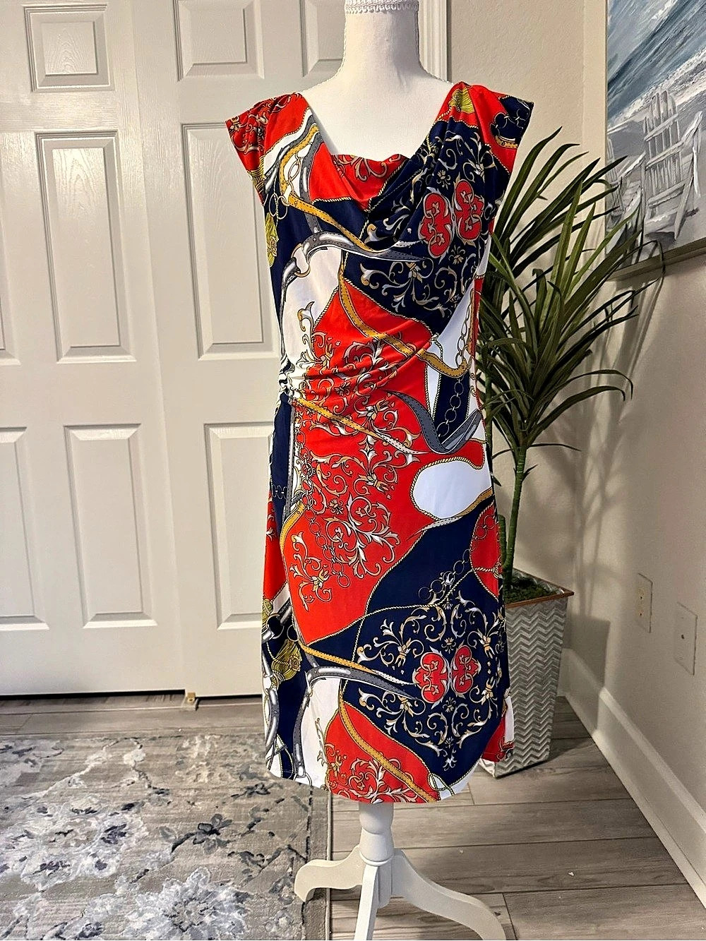 Talia Color Block Dress Midi Dress in Red & Blue Size Medium Like